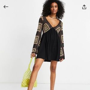 Flare sleeve crochet mini dress